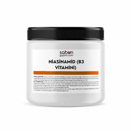 Niasinamid B3 vitamini hammadde ambalajı; beyaz toz formda kozmetik aktif bileşen