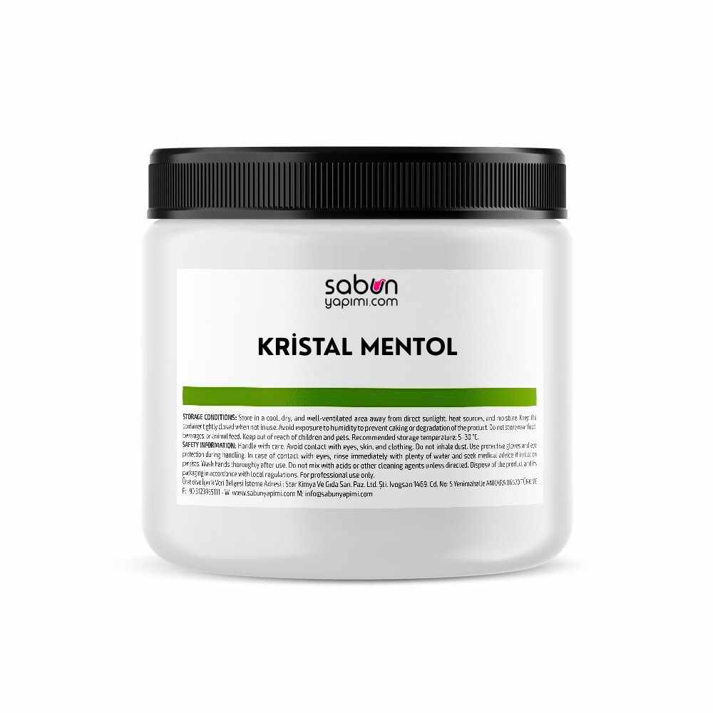 Kristal Mentol – Doğal Serinletici Aromatik Kristaller Kristal mentol – beyaz kristal aromatik mentol ürünü plastik kavanoz ambalajında