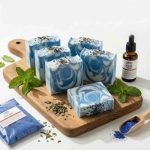 Mavi beyaz desenli naneli soğuk işlem sabunlar, çivit otu tozu ve nane yağı ile hazırlanmış doğal el yapımı sabunlar