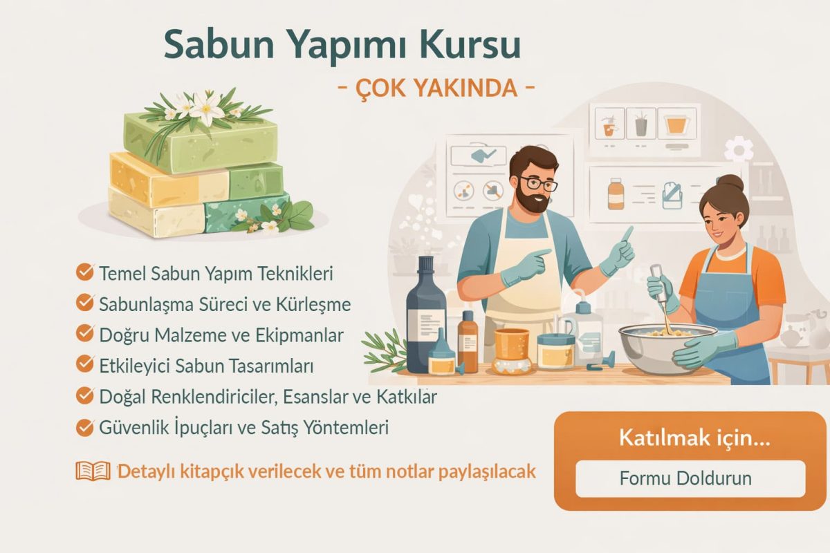 El yapımı sabun yapımı kursu çok yakında. Ankara’da yüz yüze gerçekleştirilecek eğitimde sabun yapım teknikleri, sabunlaşma süreci, kürleşme, güvenlik, doğal renklendiriciler ve sabun tasarımı anlatılacaktır.
