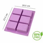 6 gözlü silikon sabun kalıbı; ölçüleri gösterilen BPA Free sabun döküm kalıbı