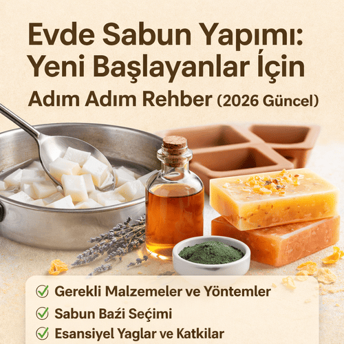 Evde sabun yapımı için malzemeler ve erimiş sabun bazı ile hazırlanmış doğal sabunlar